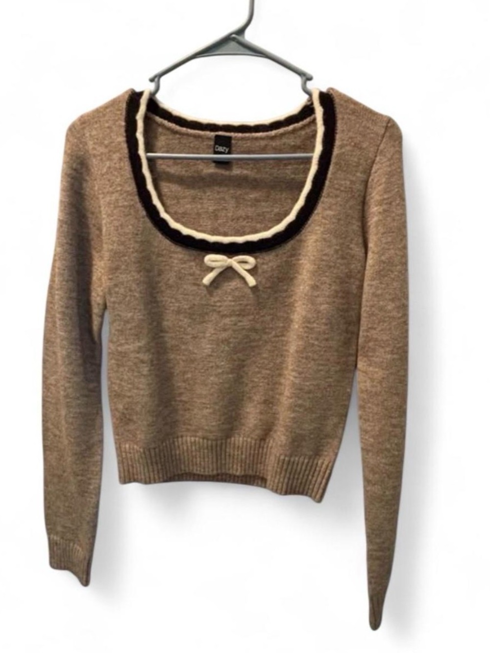 OAK Brown Scoop Neck Sweater with Cream Bow and Dark Trim